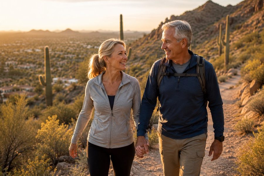 Elderly couple hiking in the Arizona desert at sunset — the retirement lifestyle Impact Wealth Partners helps you plan for