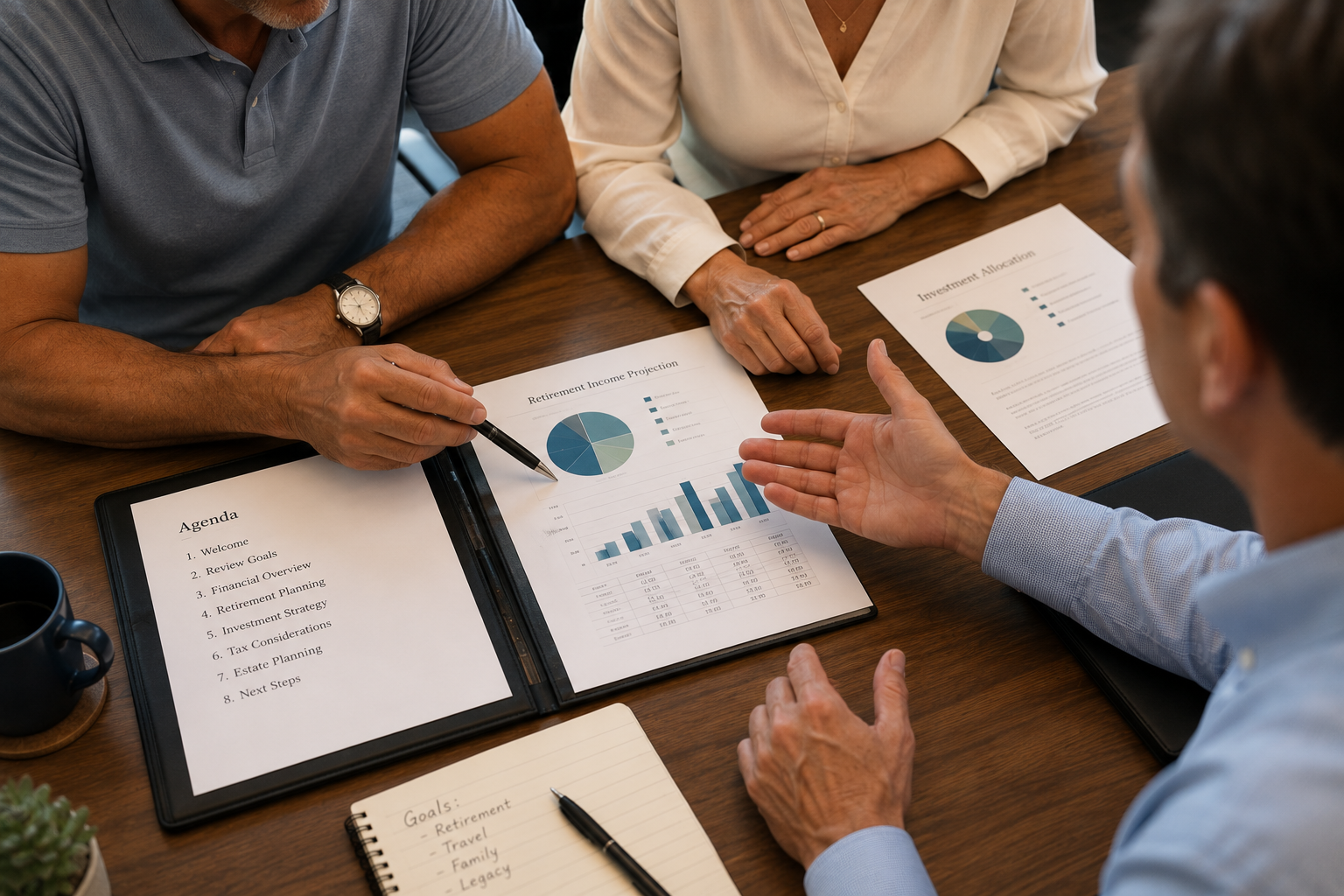 Financial planning documents and charts on a table — transparent fee-based planning with Impact Wealth Partners, Phoenix AZ